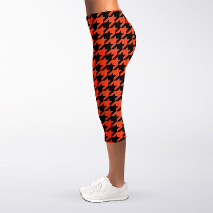 Orange And Black Houndstooth Print Women's Capri Leggings