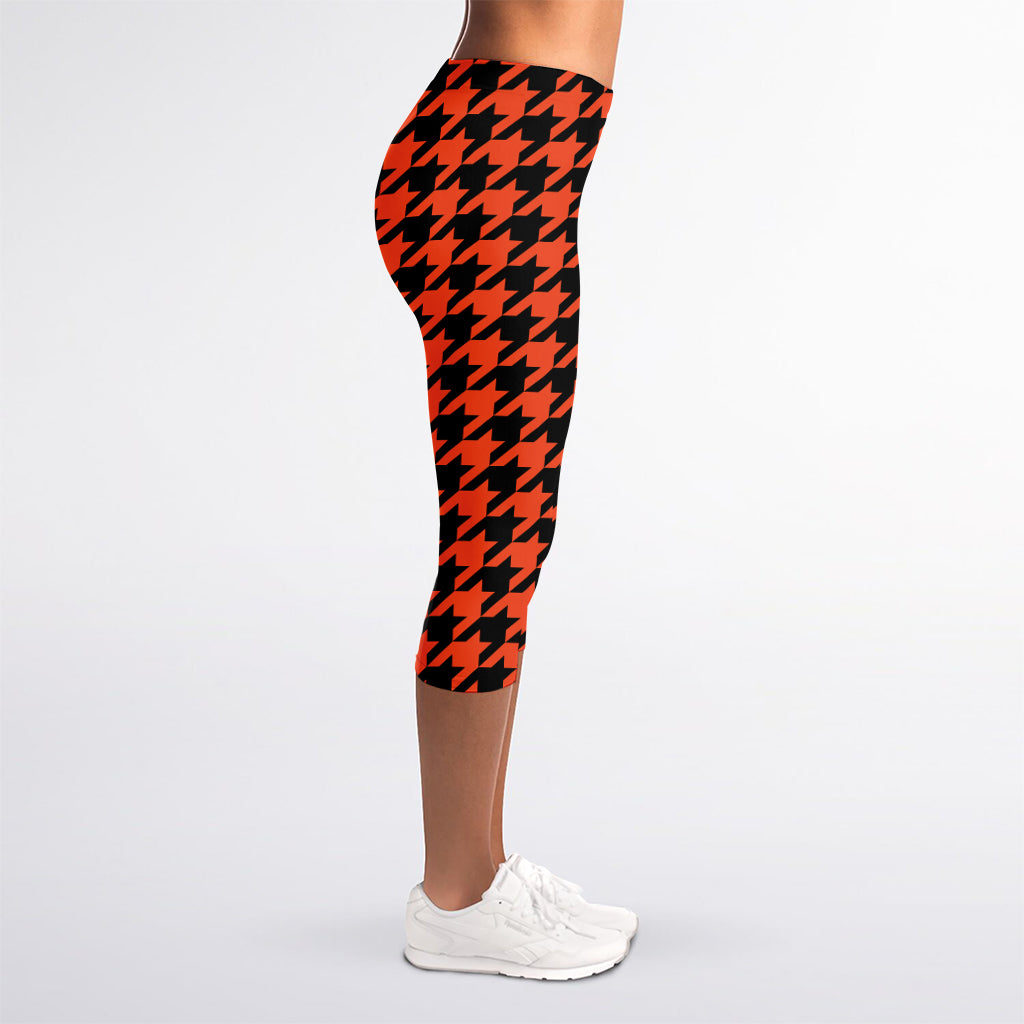 Orange And Black Houndstooth Print Women's Capri Leggings