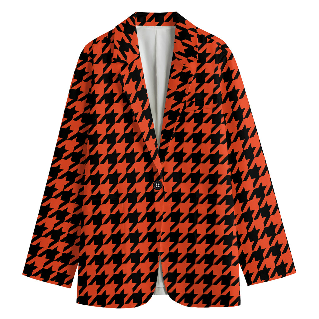 Orange And Black Houndstooth Print Women's Cotton Blazer