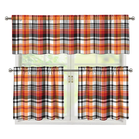 Orange And Black Madras Plaid Print 3 Piece Kitchen Curtains
