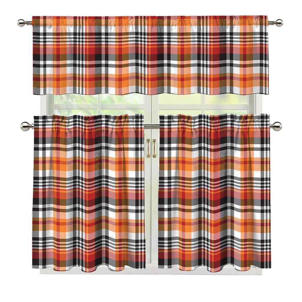 Orange And Black Madras Plaid Print 3 Piece Kitchen Curtains