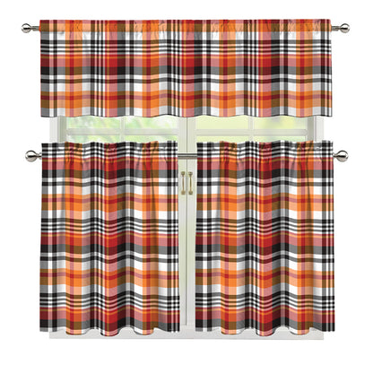 Orange And Black Madras Plaid Print 3 Piece Kitchen Curtains