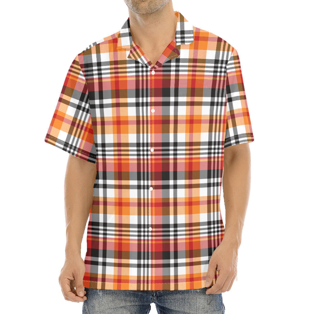 Orange And Black Madras Plaid Print Aloha Shirt