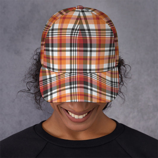 Orange And Black Madras Plaid Print Baseball Cap