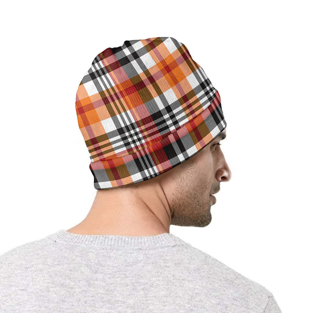 Orange And Black Madras Plaid Print Beanie