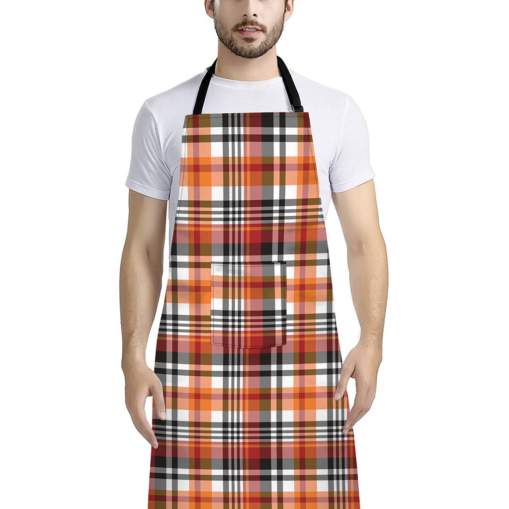 Orange And Black Madras Plaid Print Bib Apron With Pocket