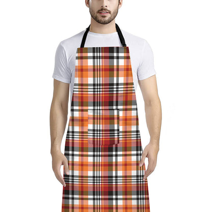 Orange And Black Madras Plaid Print Bib Apron With Pocket