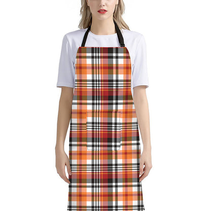 Orange And Black Madras Plaid Print Bib Apron With Pocket