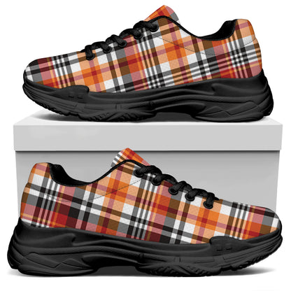 Orange And Black Madras Plaid Print Black Chunky Shoes