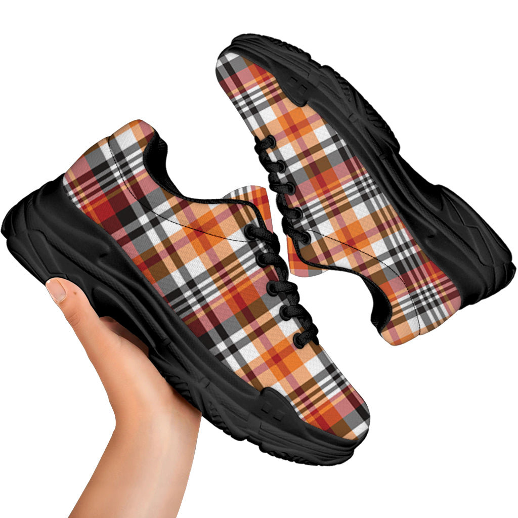 Orange And Black Madras Plaid Print Black Chunky Shoes
