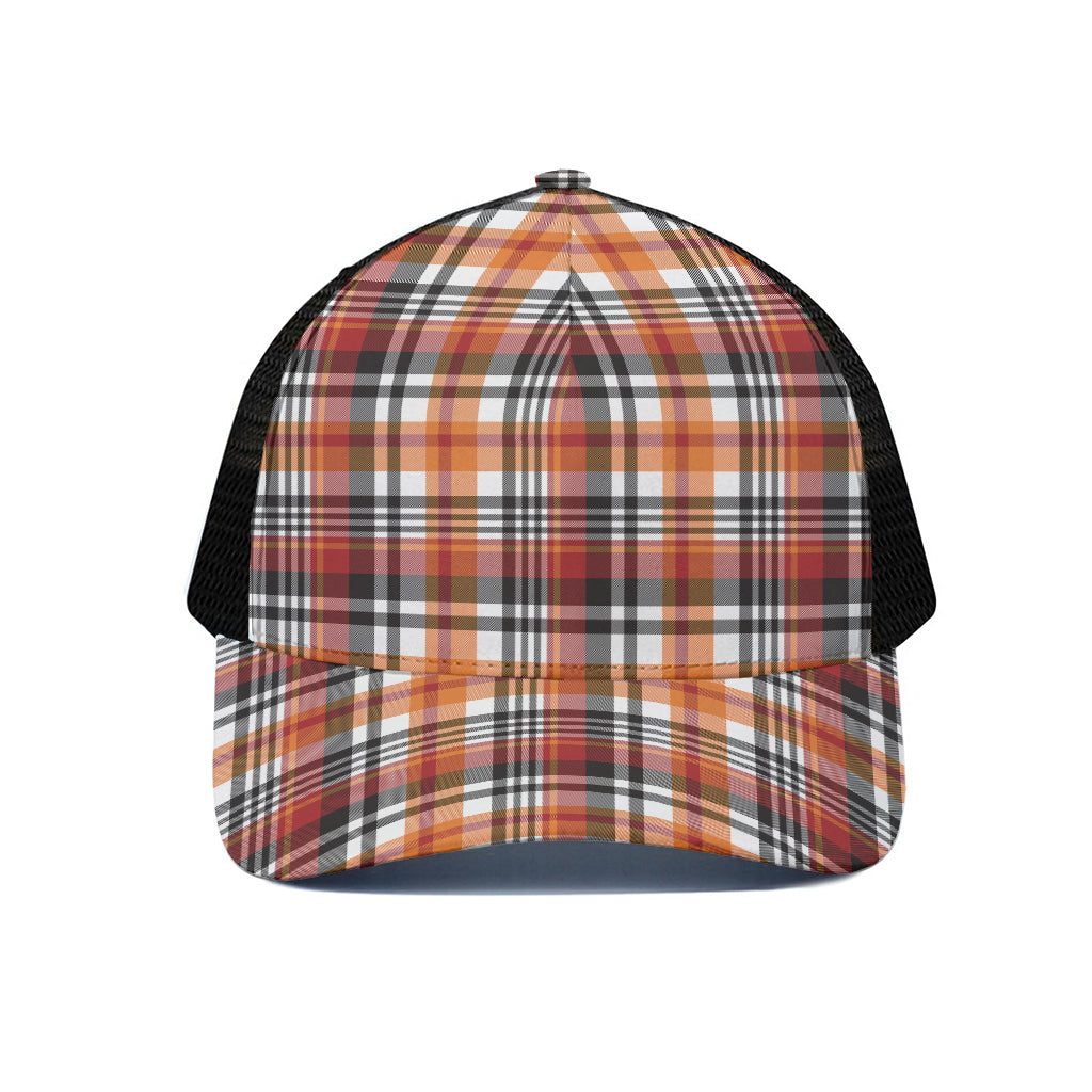 Orange And Black Madras Plaid Print Black Mesh Trucker Cap