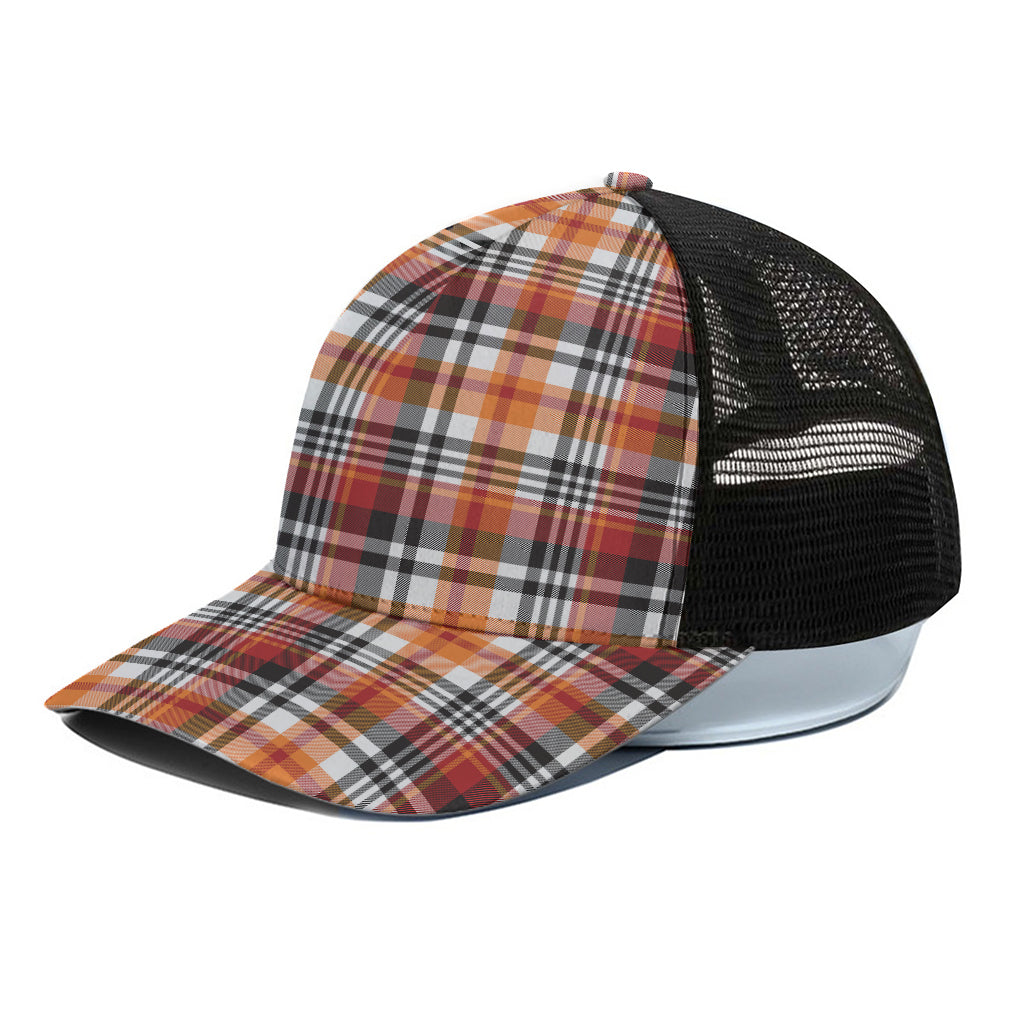 Orange And Black Madras Plaid Print Black Mesh Trucker Cap