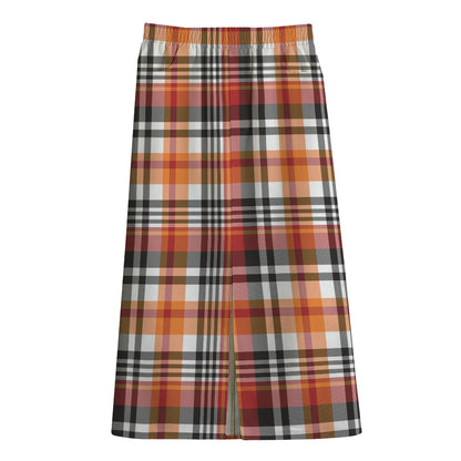 Orange And Black Madras Plaid Print Cotton Front Slit Maxi Skirt