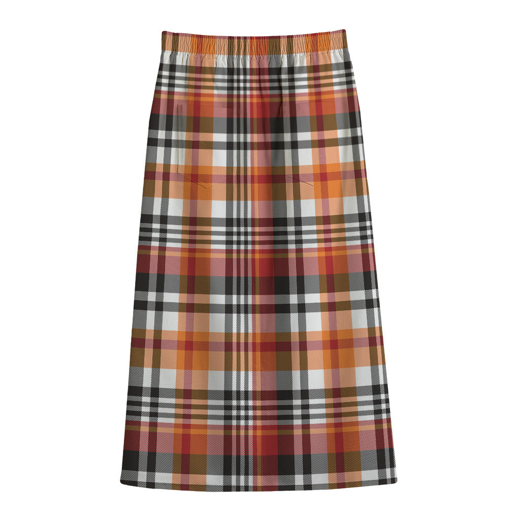 Orange And Black Madras Plaid Print Cotton Front Slit Maxi Skirt