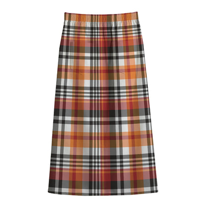 Orange And Black Madras Plaid Print Cotton Front Slit Maxi Skirt
