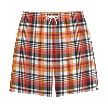 Orange And Black Madras Plaid Print Cotton Shorts