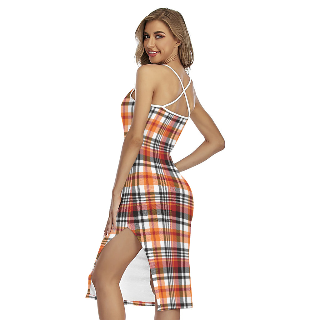 Orange And Black Madras Plaid Print Cross Back Cami Dress