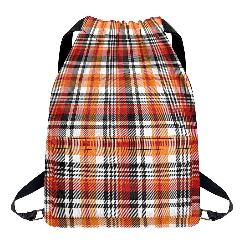Orange And Black Madras Plaid Print Drawstring Backpack