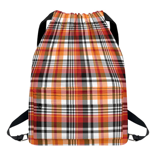 Orange And Black Madras Plaid Print Drawstring Backpack
