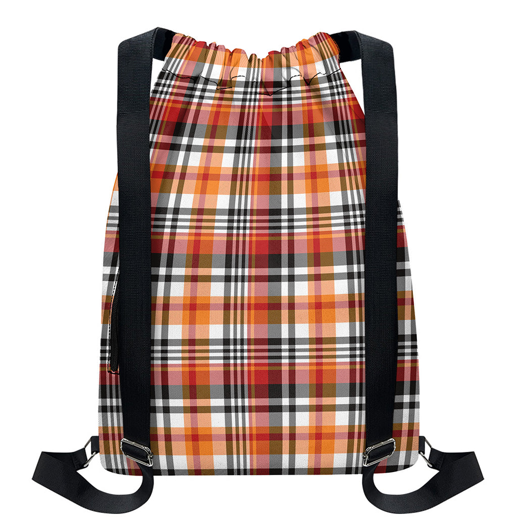 Orange And Black Madras Plaid Print Drawstring Backpack