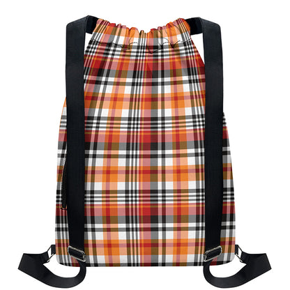 Orange And Black Madras Plaid Print Drawstring Backpack