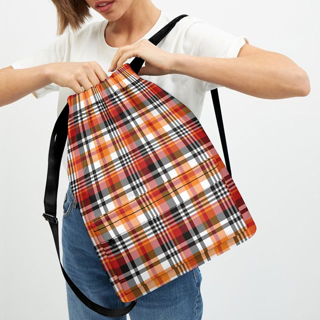 Orange And Black Madras Plaid Print Drawstring Backpack