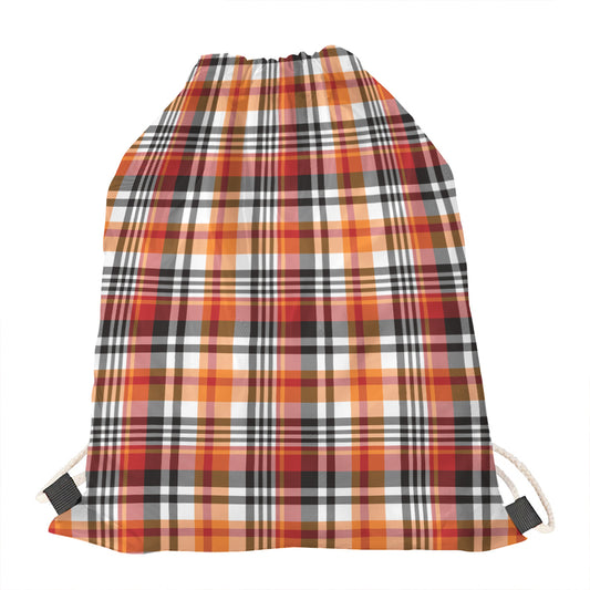 Orange And Black Madras Plaid Print Drawstring Bag