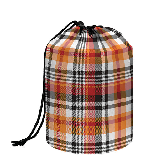 Orange And Black Madras Plaid Print Drawstring Makeup Bag