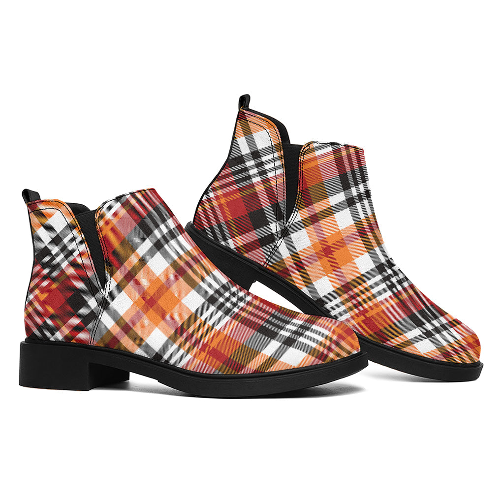 Orange And Black Madras Plaid Print Flat Ankle Boots