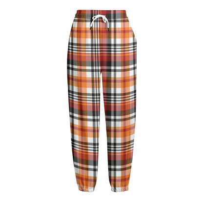 Orange And Black Madras Plaid Print Fleece Lined Knit Pants