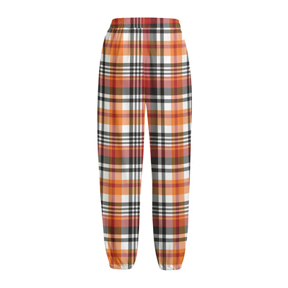 Orange And Black Madras Plaid Print Fleece Lined Knit Pants