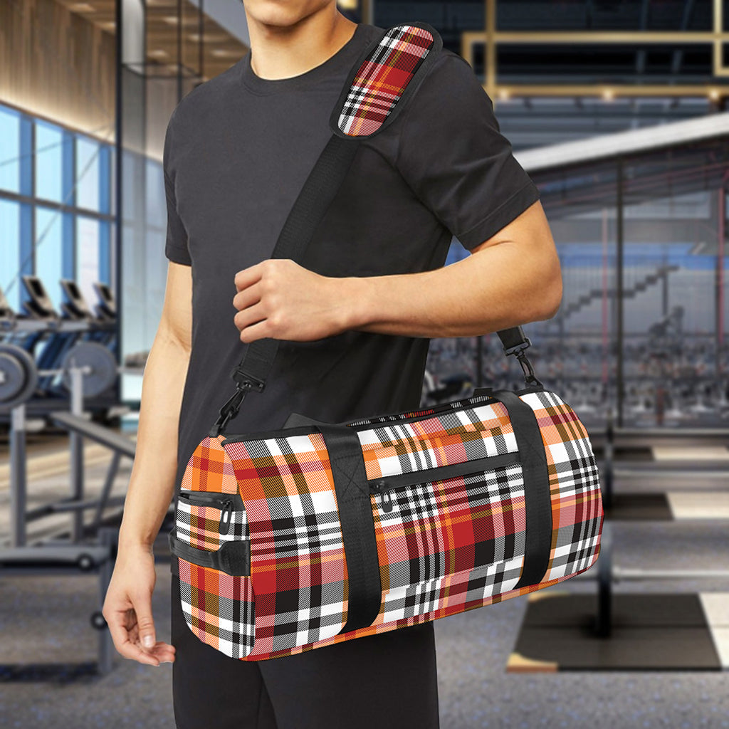 Orange And Black Madras Plaid Print Gym Bag