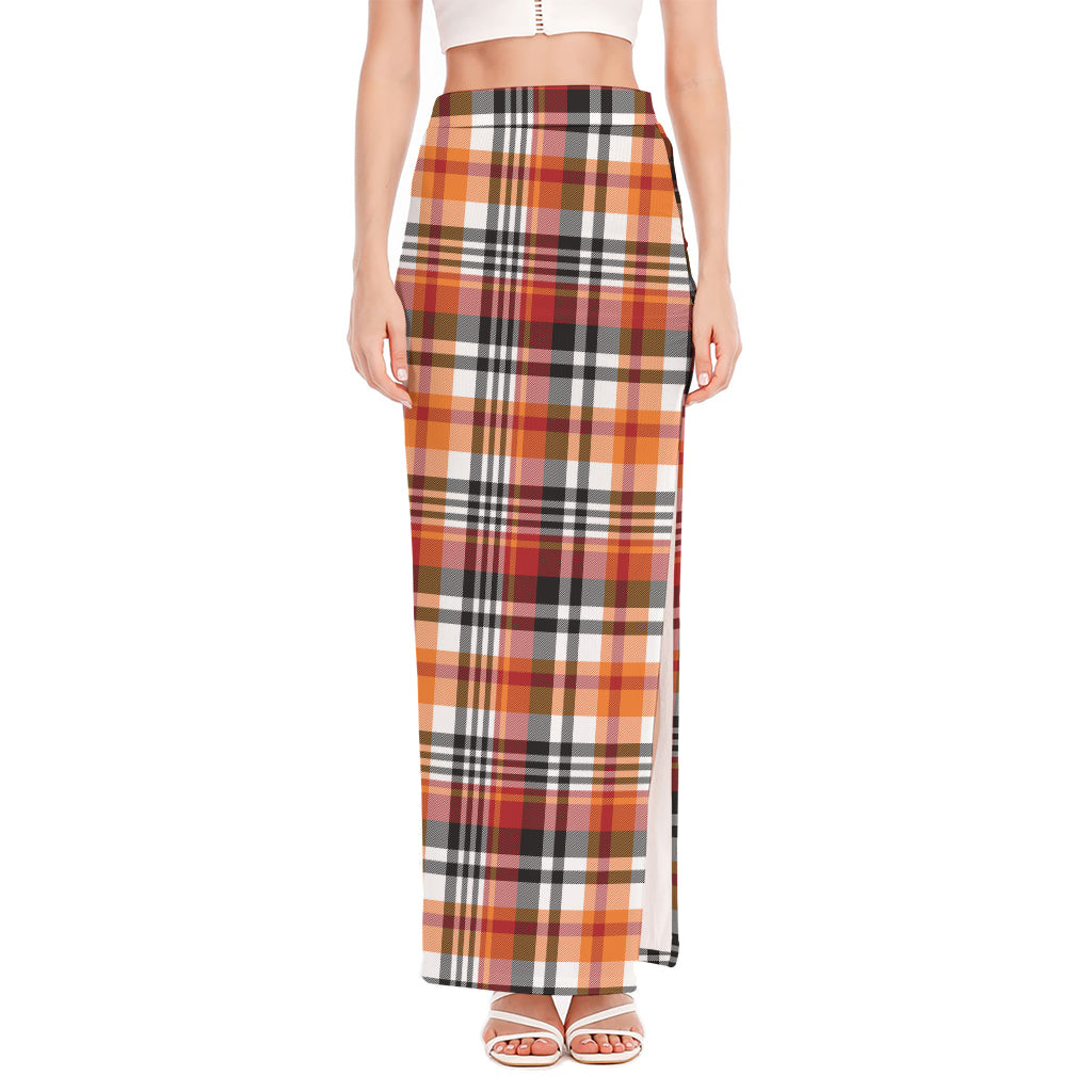 Orange And Black Madras Plaid Print High Slit Maxi Skirt