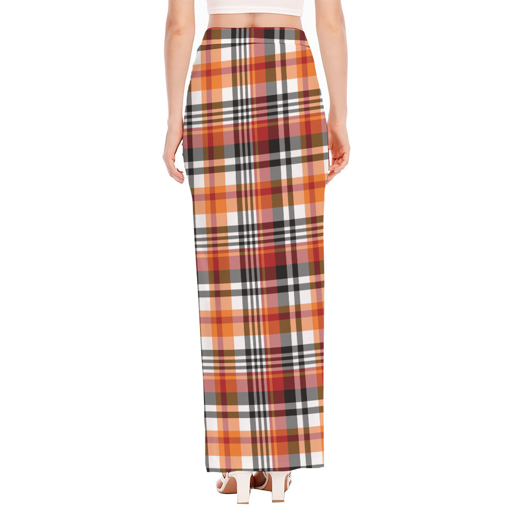 Orange And Black Madras Plaid Print High Slit Maxi Skirt