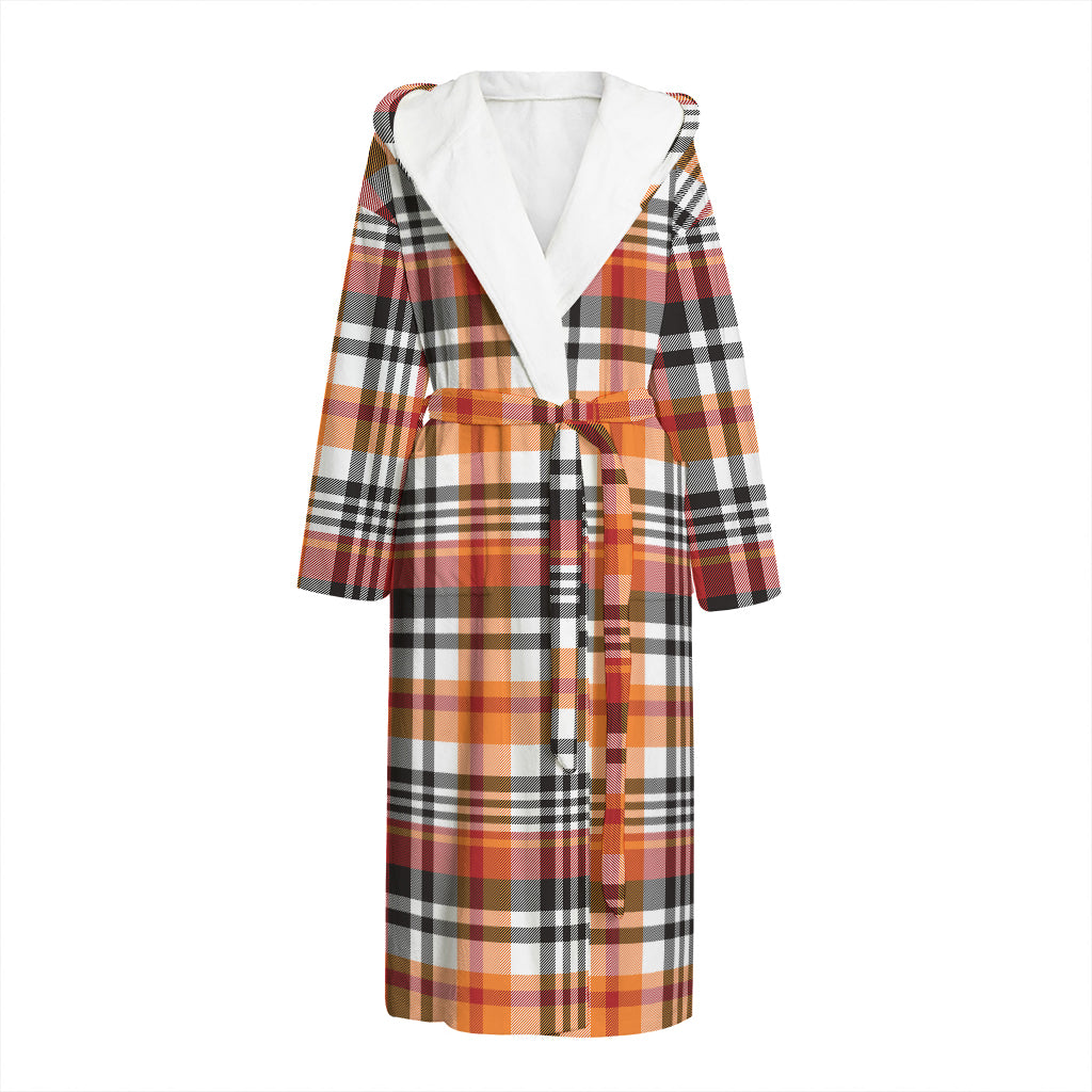 Orange And Black Madras Plaid Print Hooded Bathrobe