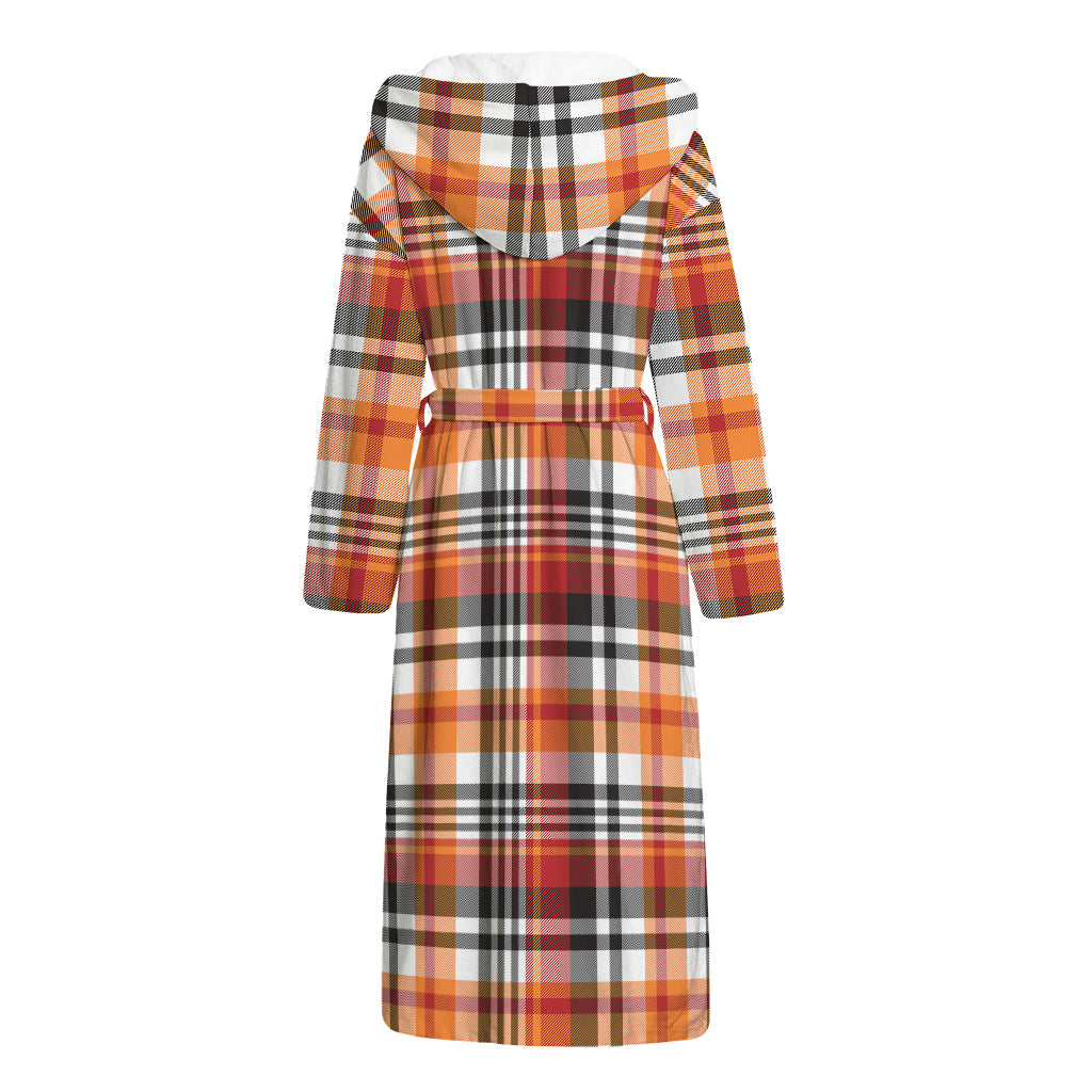 Orange And Black Madras Plaid Print Hooded Bathrobe