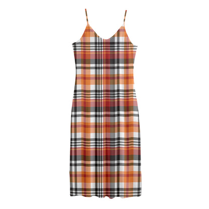 Orange And Black Madras Plaid Print Jersey Midi Cami Dress