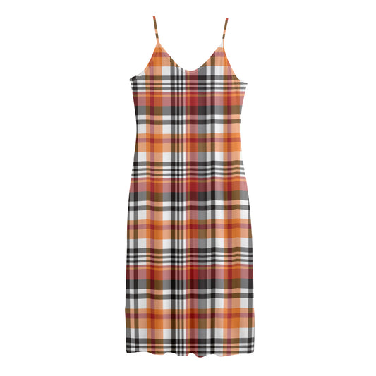 Orange And Black Madras Plaid Print Jersey Midi Cami Dress