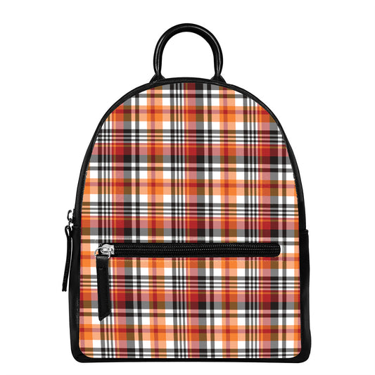 Orange And Black Madras Plaid Print Leather Backpack
