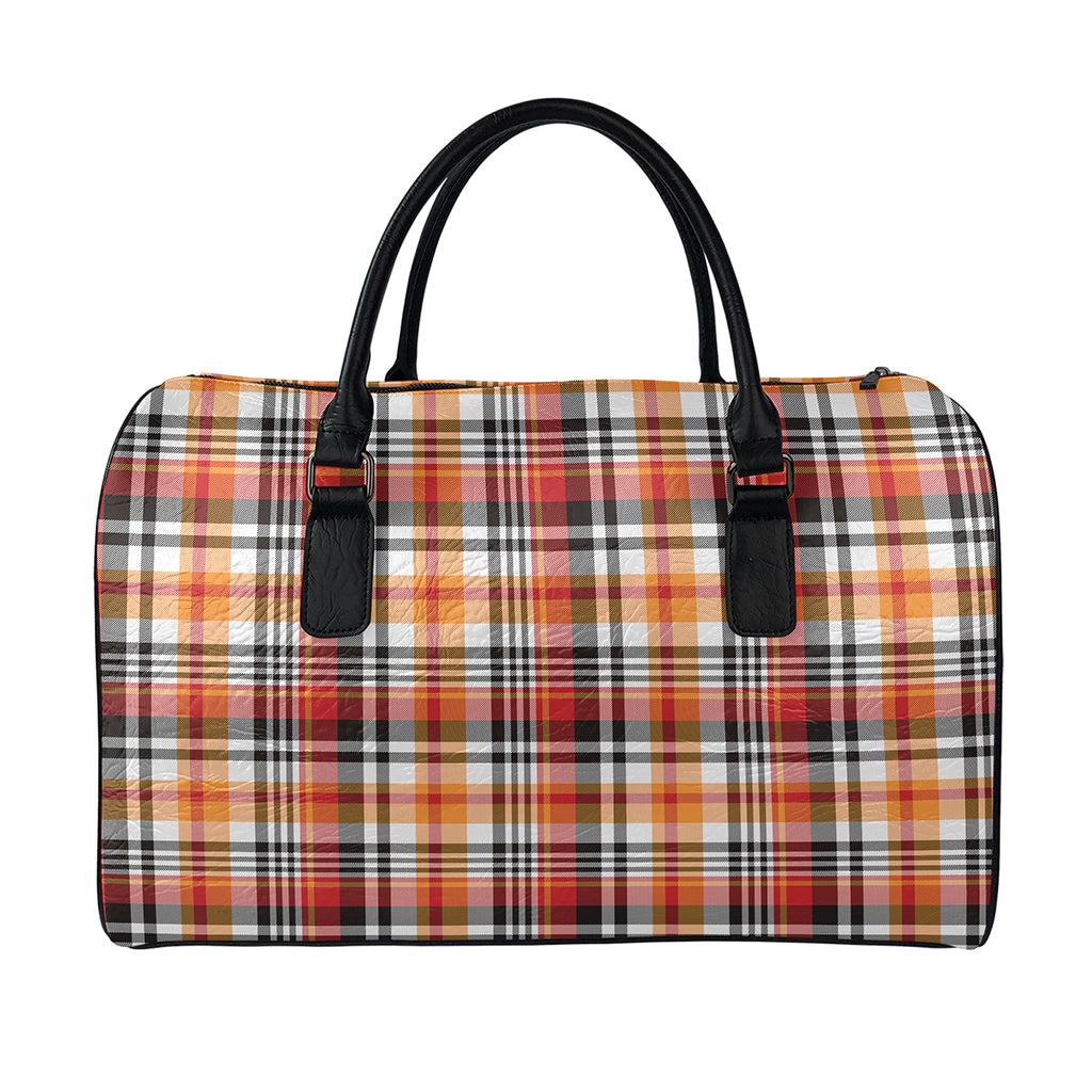 Orange And Black Madras Plaid Print Leather Duffle Bag