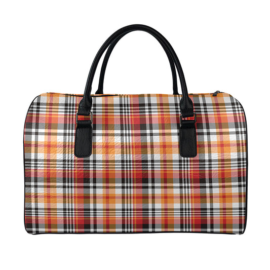 Orange And Black Madras Plaid Print Leather Duffle Bag