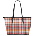 Orange And Black Madras Plaid Print Leather Tote Bag With Zipper