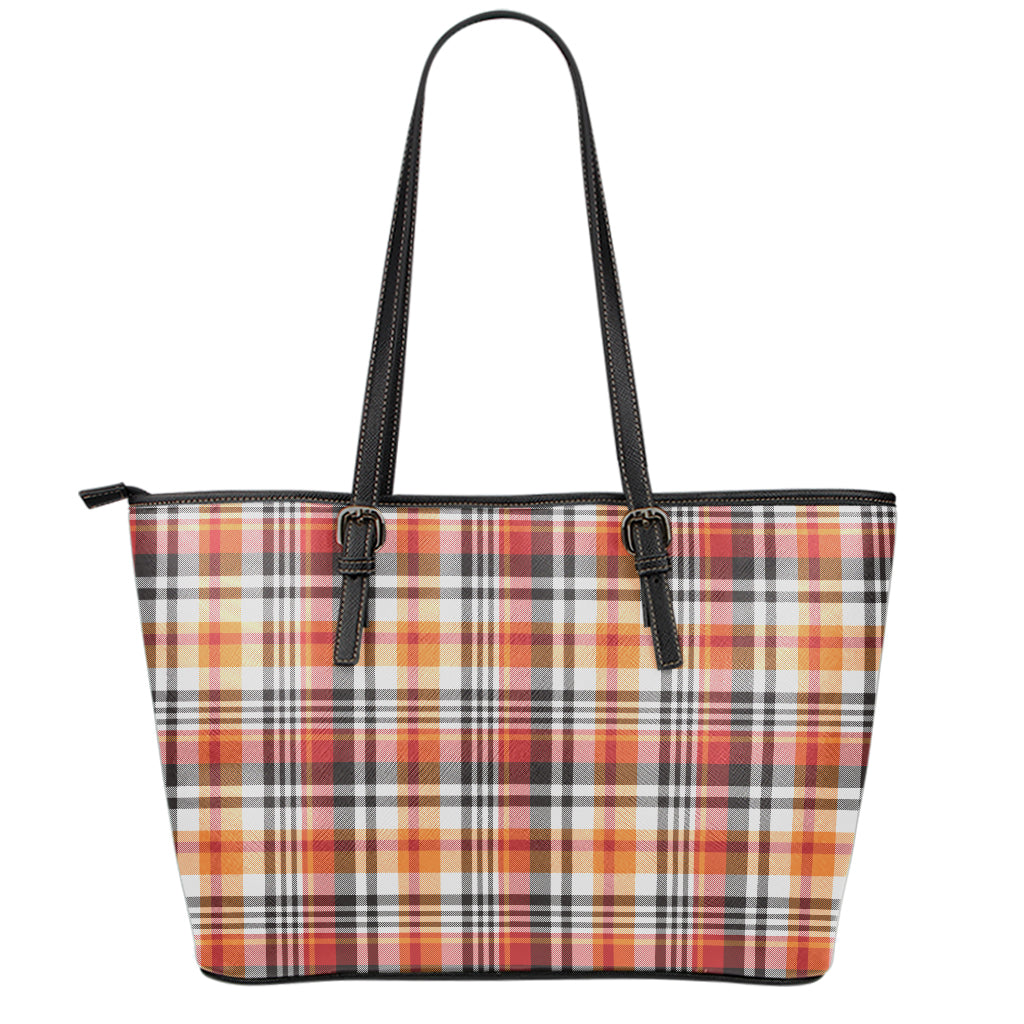 Orange And Black Madras Plaid Print Leather Tote Bag