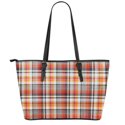 Orange And Black Madras Plaid Print Leather Tote Bag