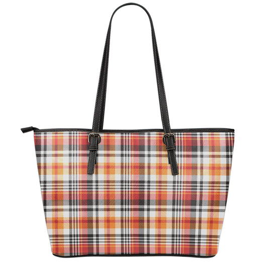 Orange And Black Madras Plaid Print Leather Tote Bag