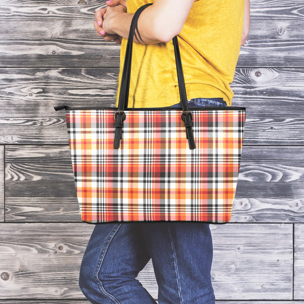 Orange And Black Madras Plaid Print Leather Tote Bag