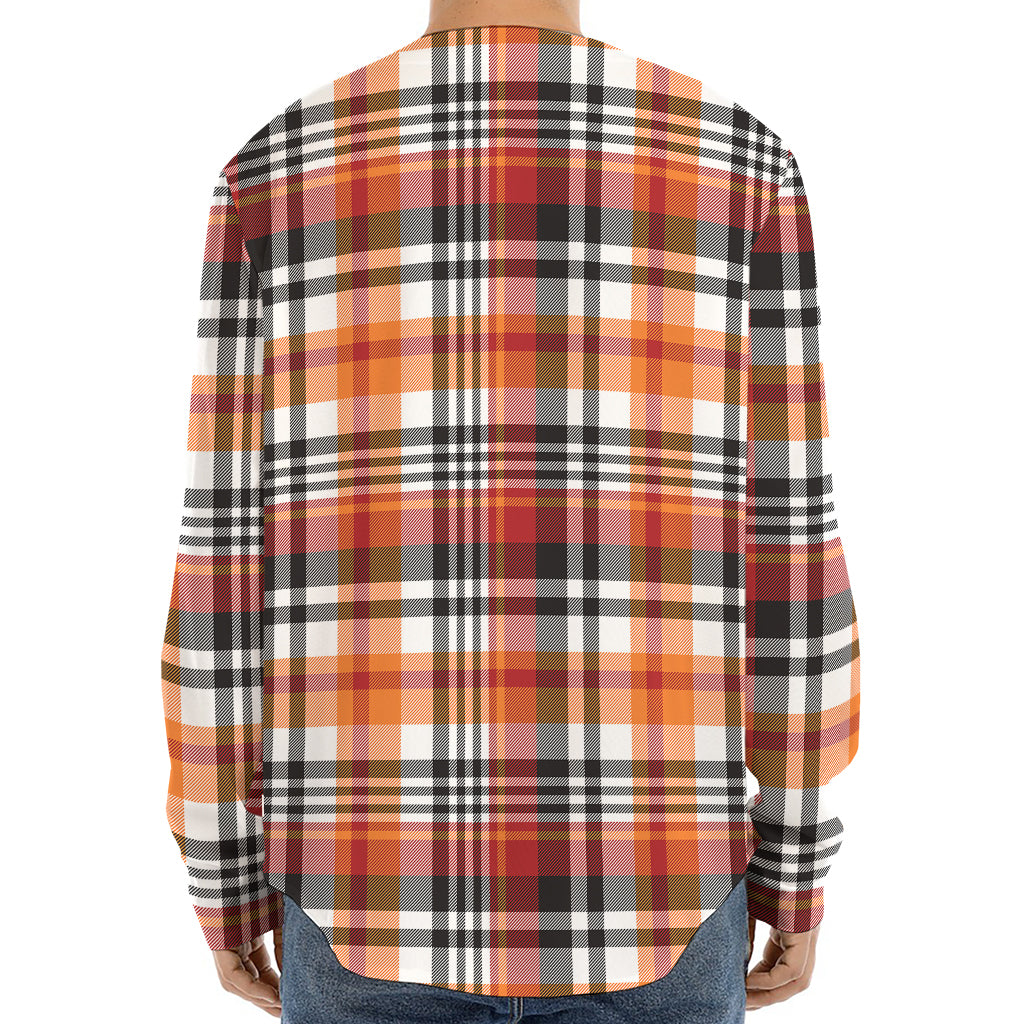 Orange And Black Madras Plaid Print Long Sleeve Baseball Jersey