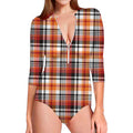 Orange And Black Madras Plaid Print Long Sleeve Swimsuit
