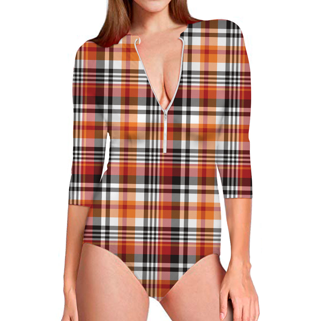 Orange And Black Madras Plaid Print Long Sleeve Swimsuit