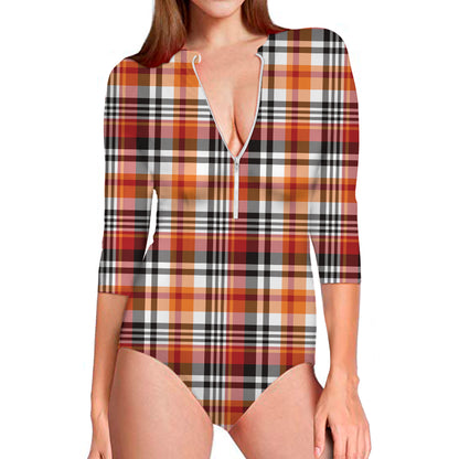 Orange And Black Madras Plaid Print Long Sleeve Swimsuit
